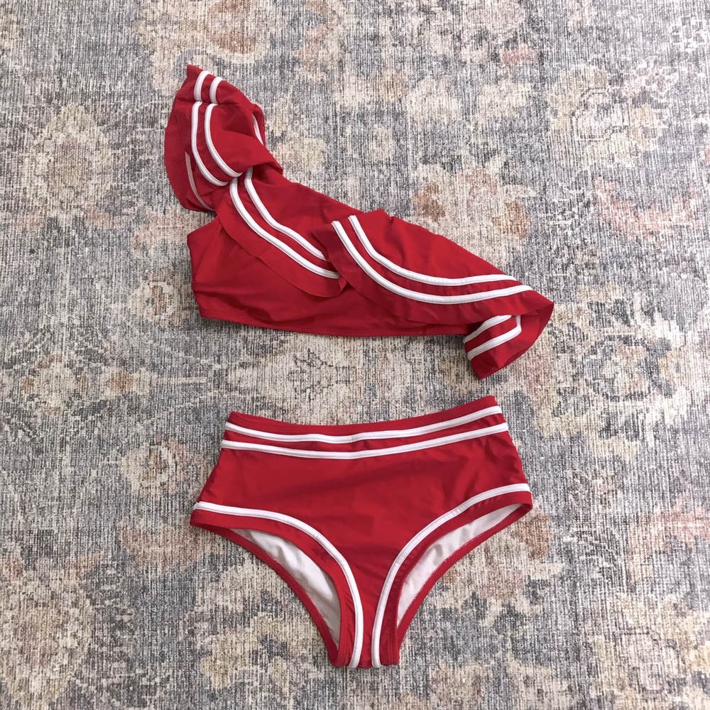 ELEGANT TASTE Red Flounce One Shoulder Bikini with High Waist Bottom Sz.S (NWOT)